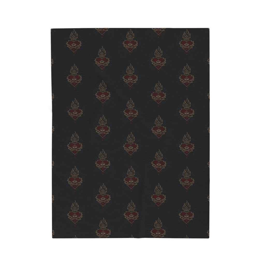 Sacred Heart Pattern Velveteen Plush Blanket | Gothic Skull Repeat Design