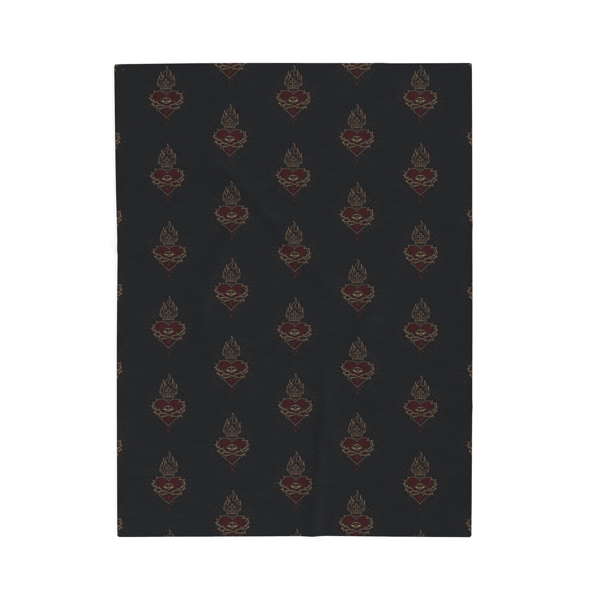 Sacred Heart Pattern Velveteen Plush Blanket | Gothic Skull Repeat Design