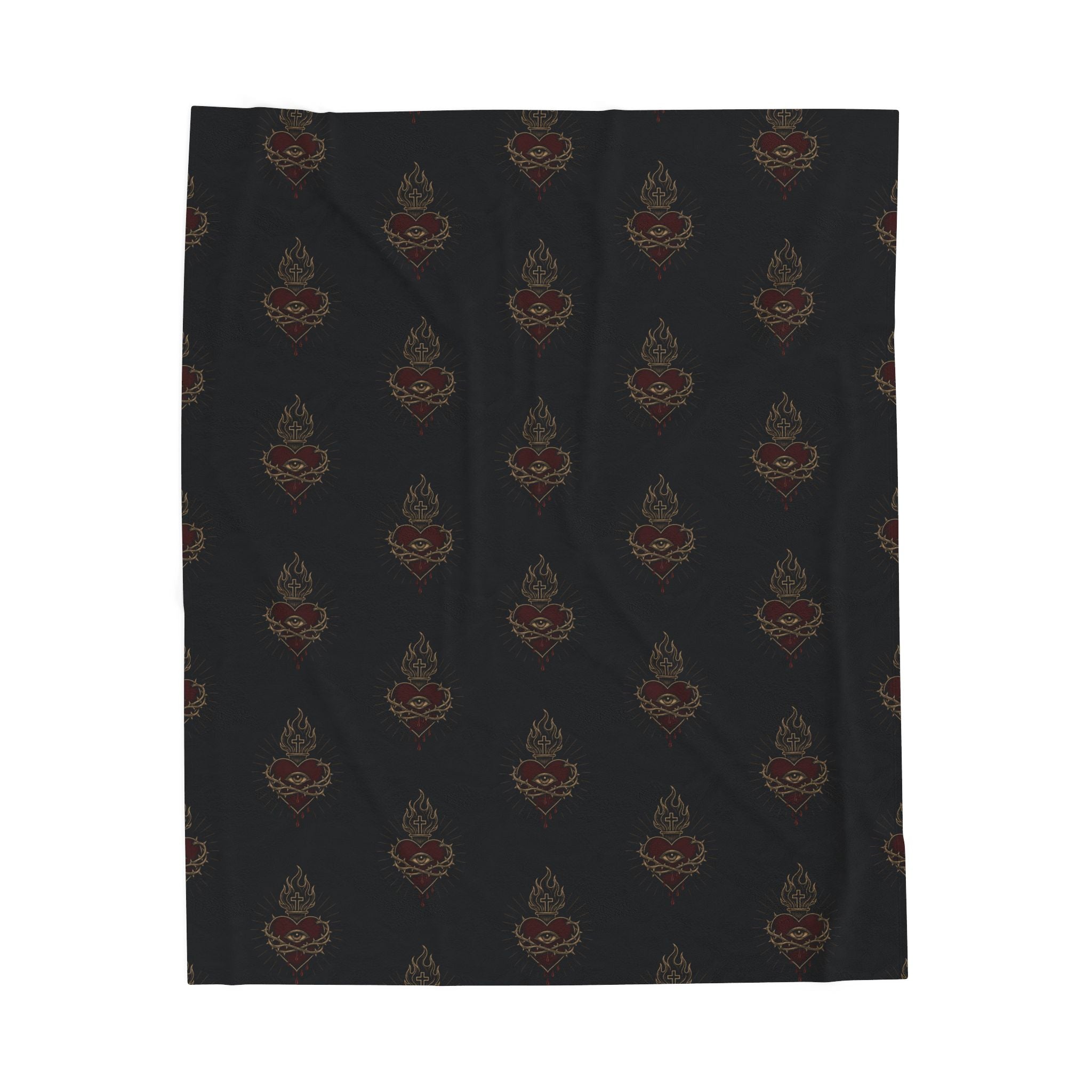 Sacred Heart Pattern Velveteen Plush Blanket | Gothic Skull Repeat Design