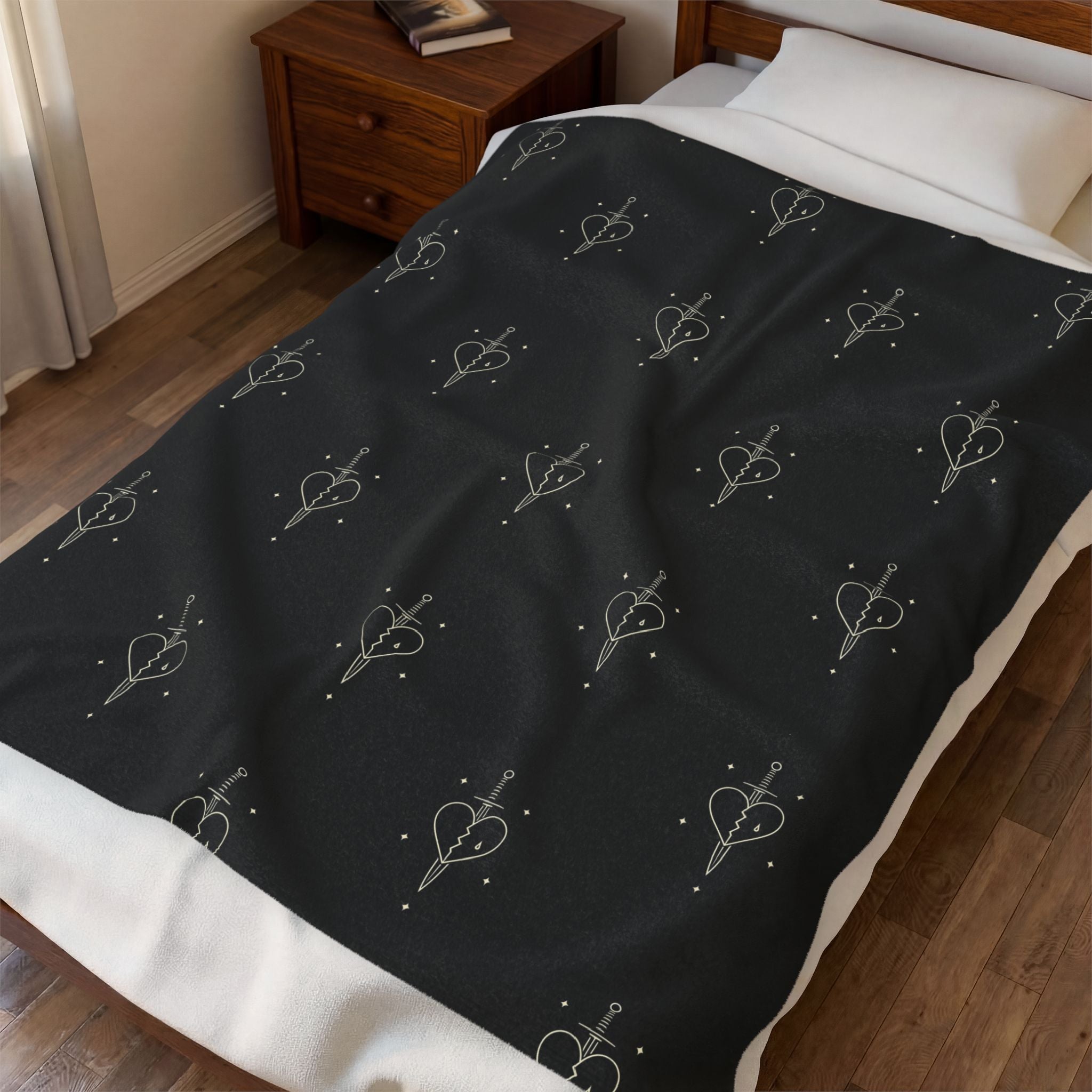 Minimal Heart Dagger Illustration Velveteen Plush Blanket | Gothic Line Art