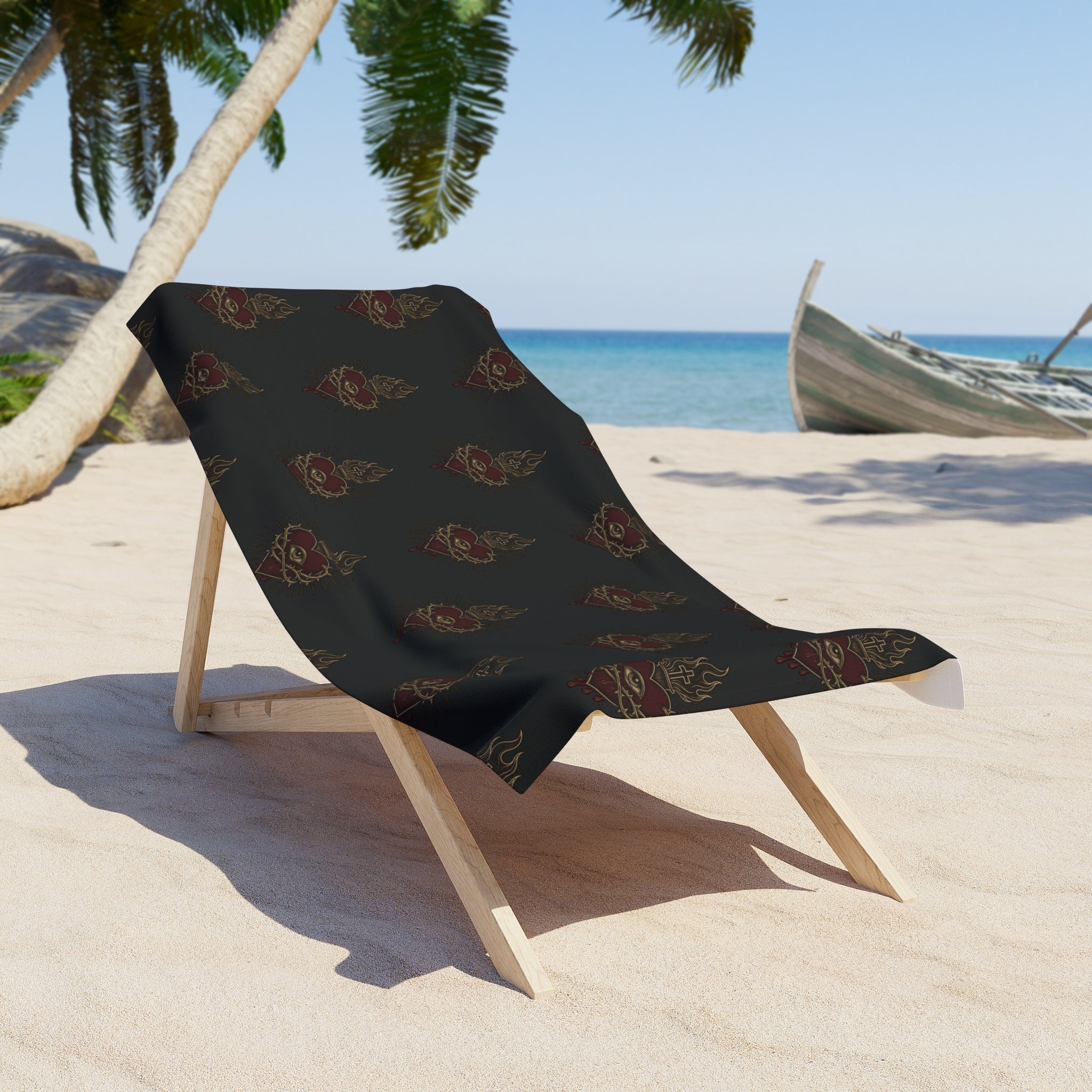 Vintage Floral Heart Pattern Beach Towel | Dark Boho Rose Motif