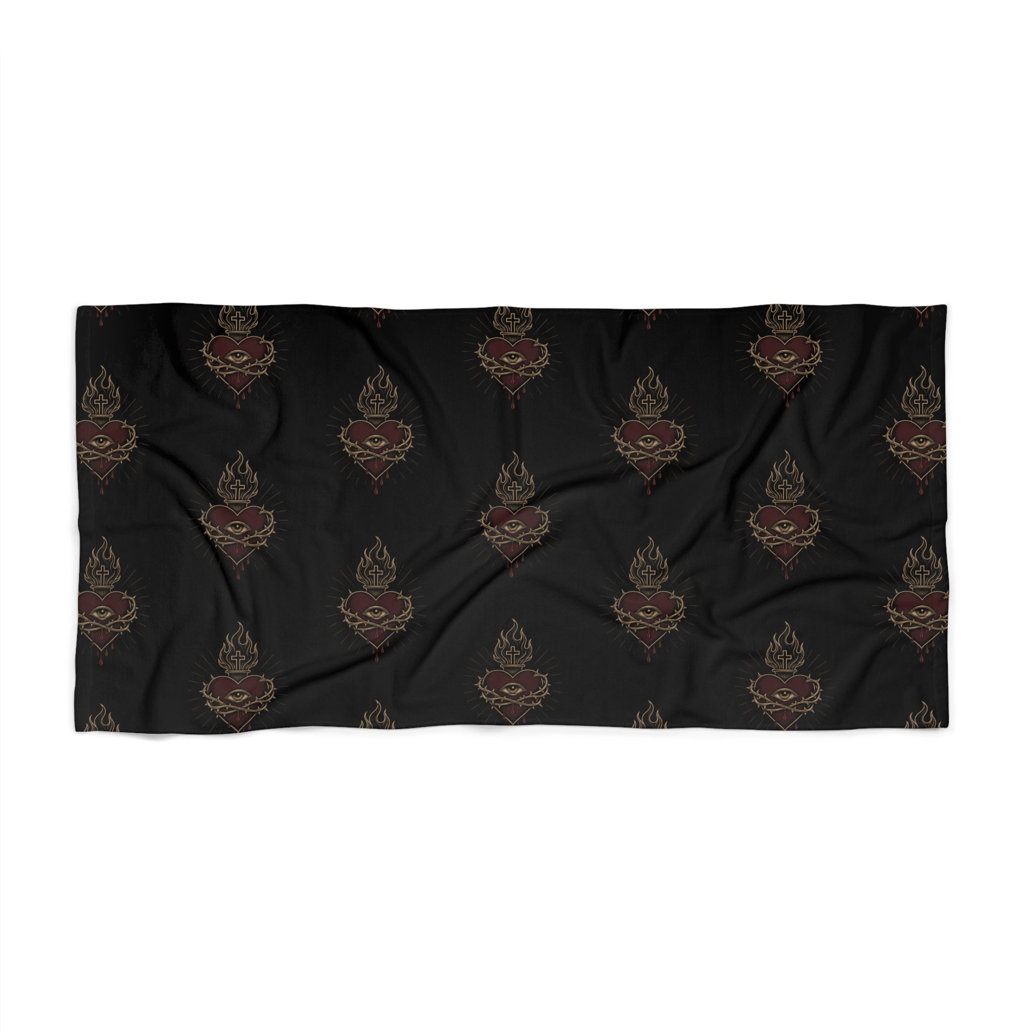 Vintage Floral Heart Pattern Beach Towel | Dark Boho Rose Motif
