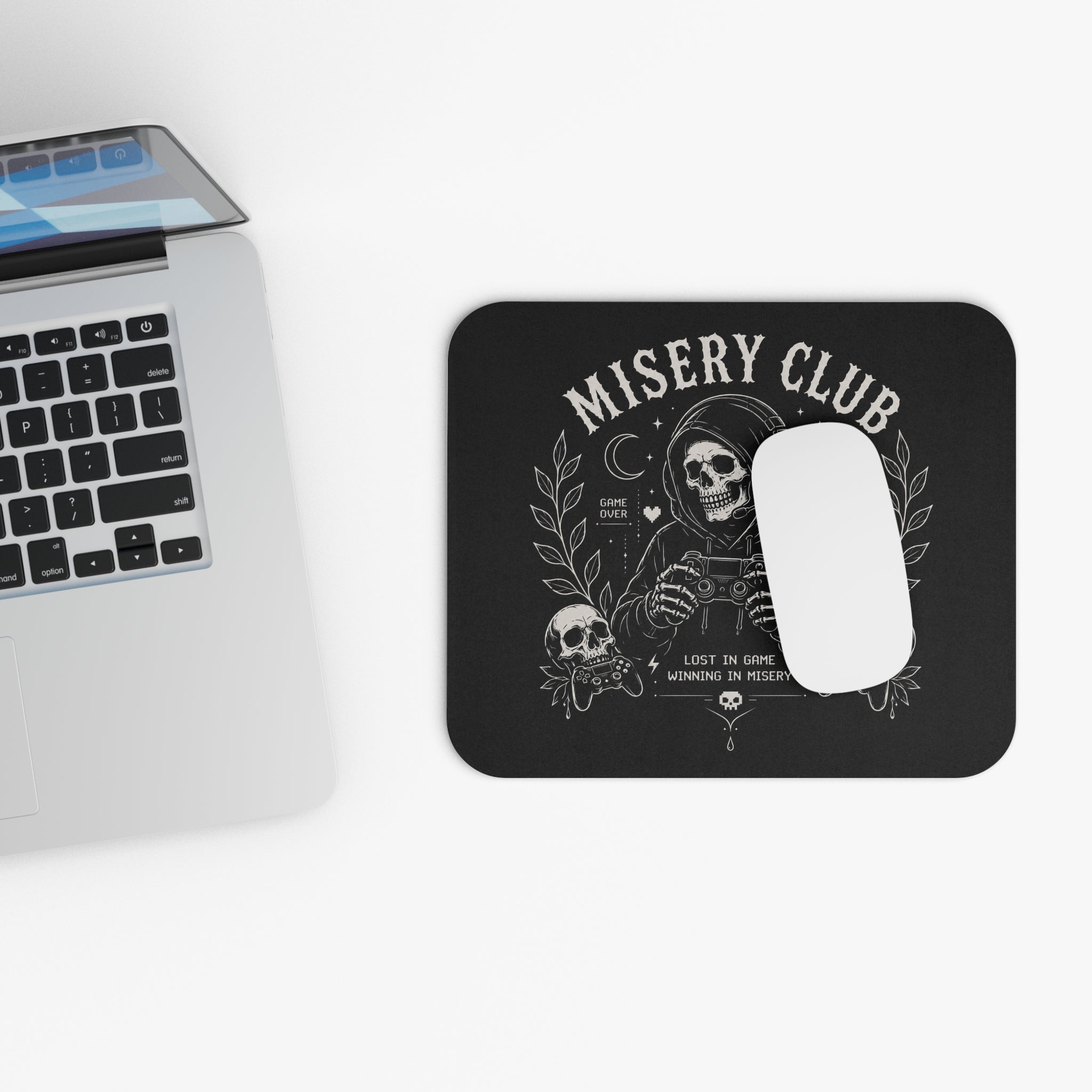 Misery Club Skull Gamer Mouse Pad | Gaming Desk Mat, Dark Skeleton Controller Design