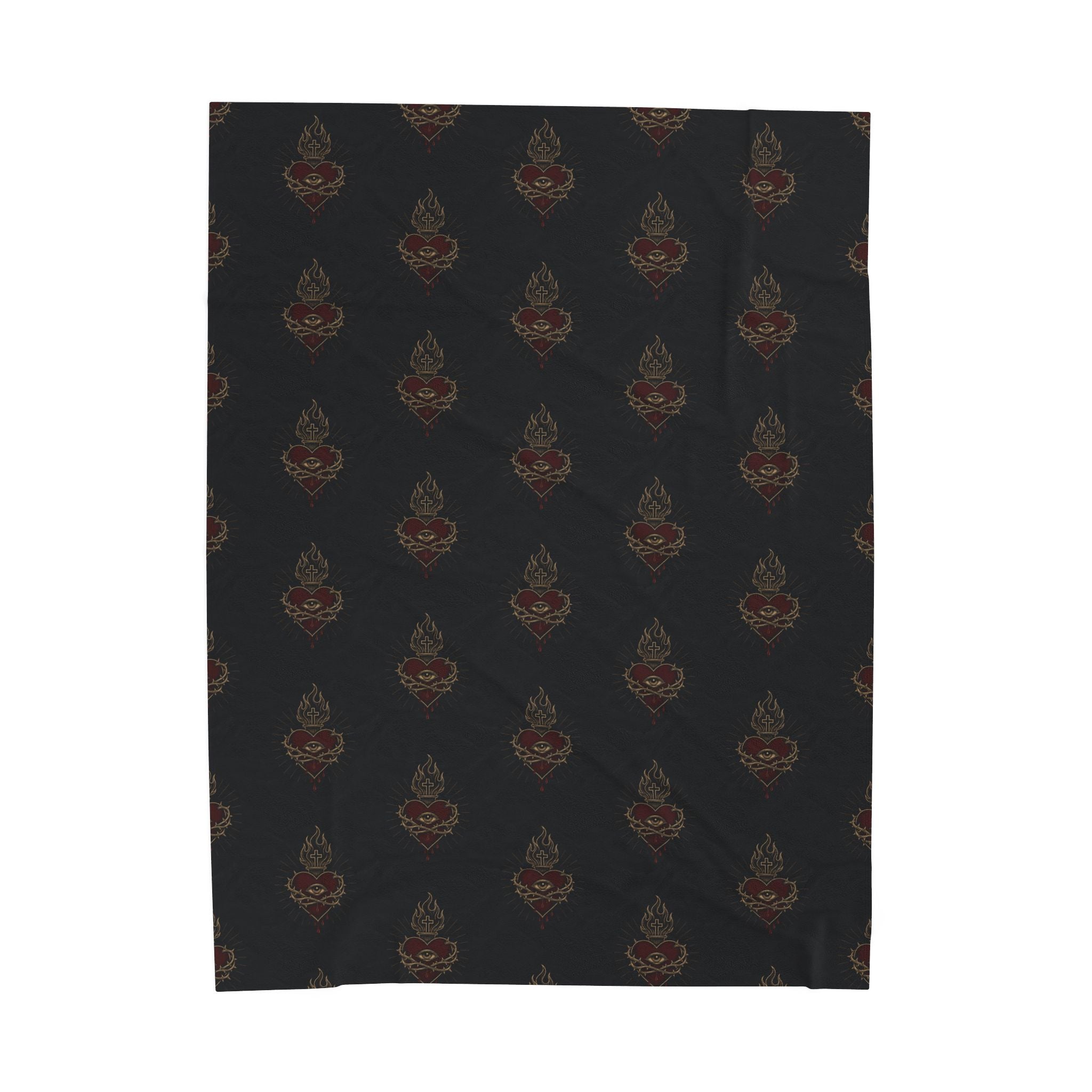 Sacred Heart Pattern Velveteen Plush Blanket | Gothic Skull Repeat Design